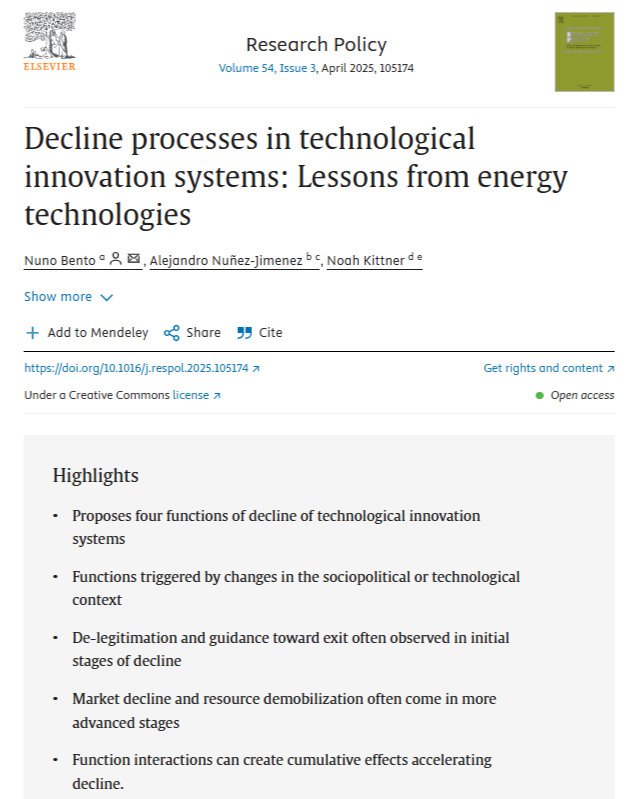 Bento, N., Nuñez-Jimenez, A. and Kittner, N., 2025. Decline processes in technological innovation systems: lessons from energy technologies. Research Policy, 54(3), p.105174.