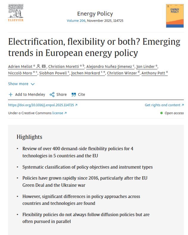Mellot, A., Moretti, C., Nuñez-Jimenez, A., Linder, J., Moro, N., Powell, S., Markard, J., Winzer, C. and Patt, A., 2025. Electrification, flexibility or both? Emerging trends in European energy policy. Energy Policy, 206, p.114725.