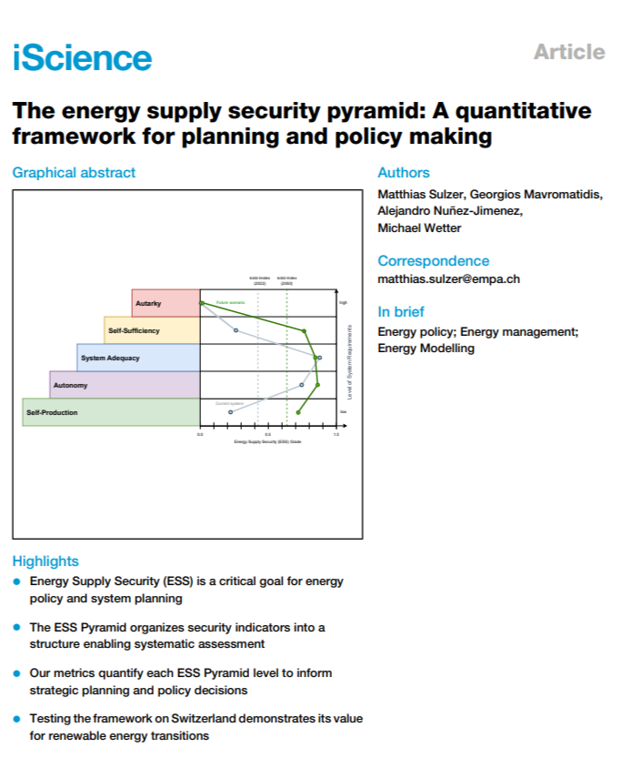 Sulzer, M., Mavromatidis, G., Nuñez-Jimenez, A. and Wetter, M., 2025. The energy supply security pyramid: A quantitative framework for planning and policy making. iScience, 28(5).